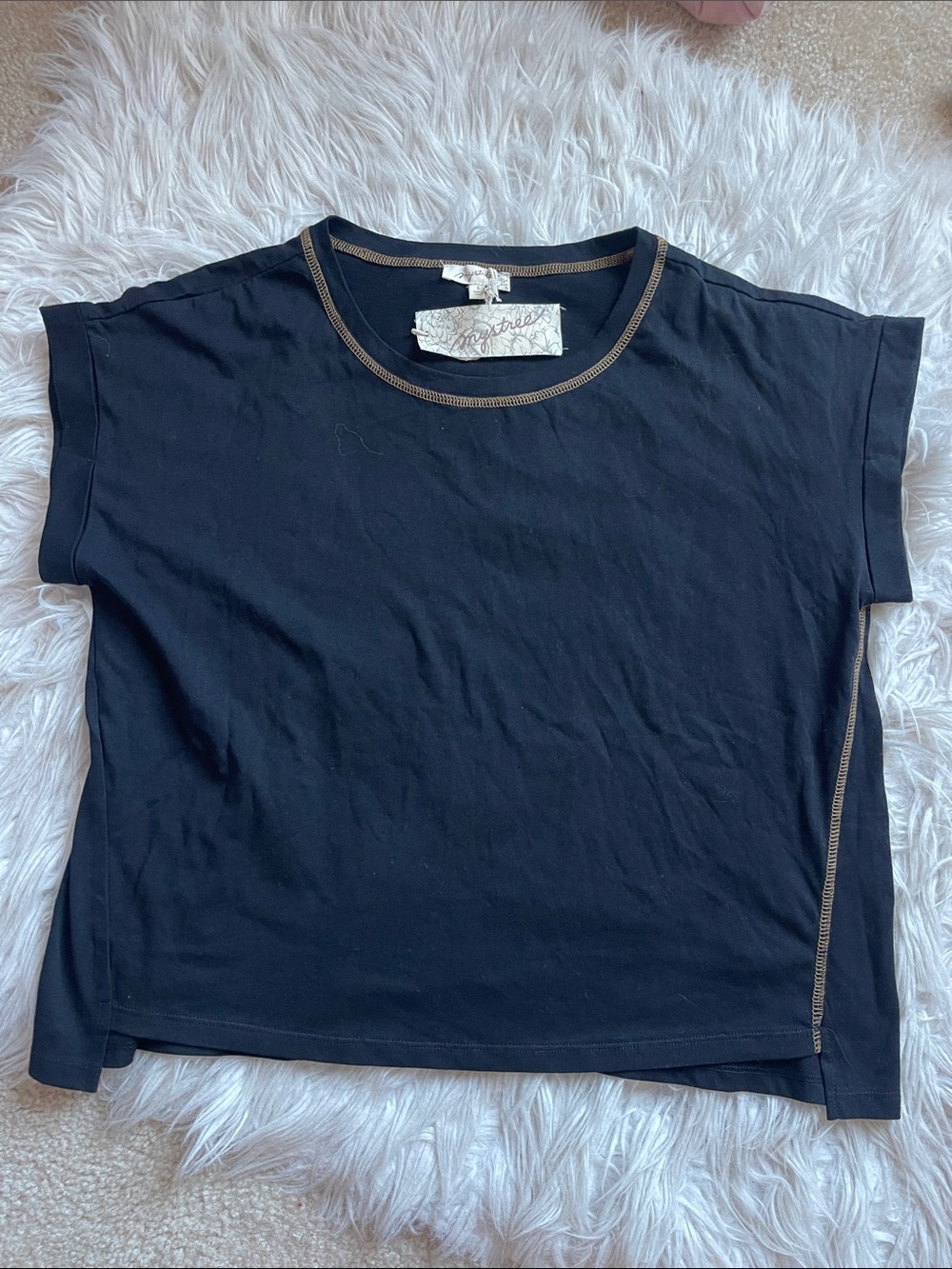 Mystree Black Short Sleeve Crewneck Top with Gold Contrast Stitching